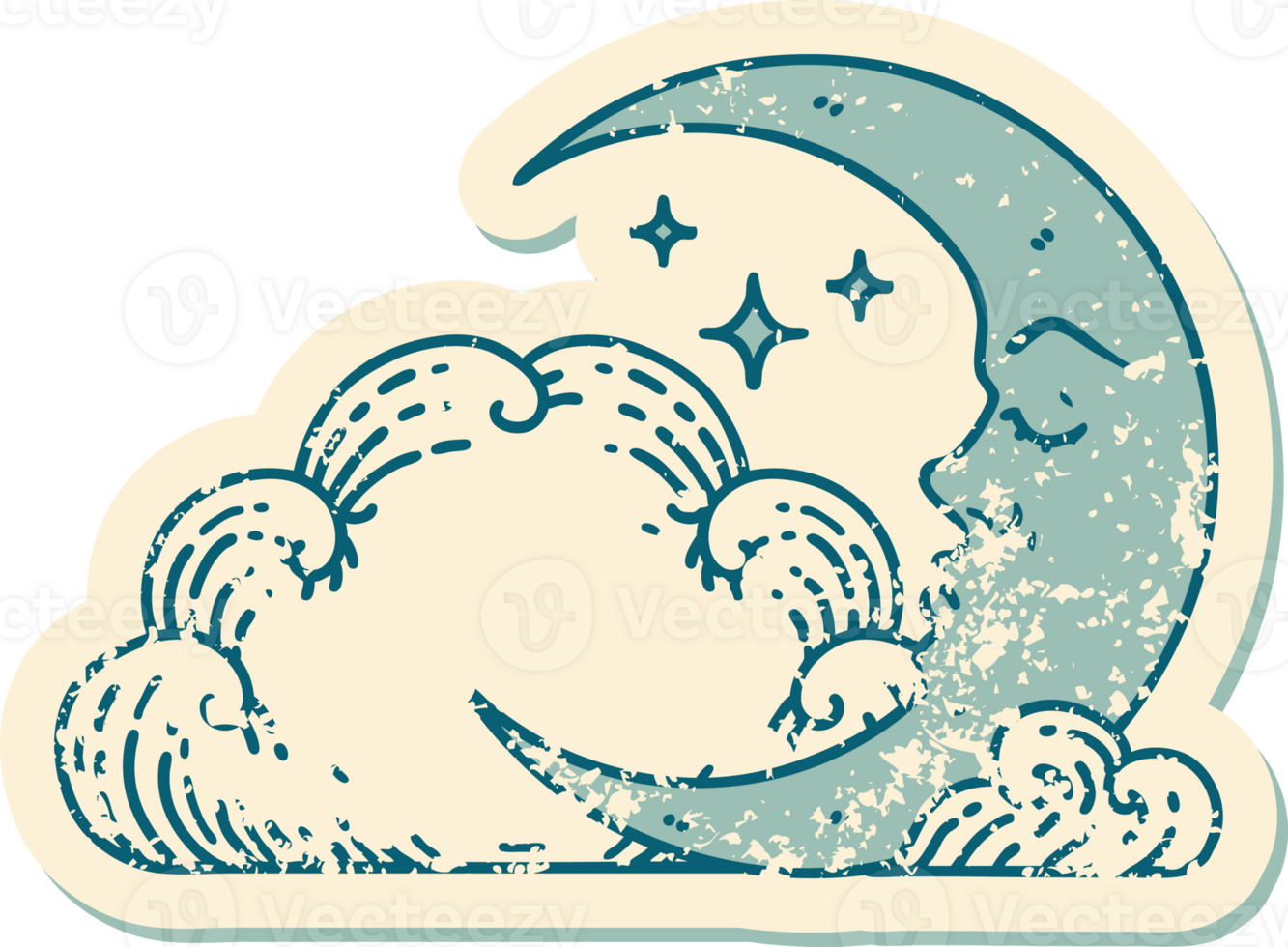 distressed sticker tattoo style icon of a crescent moon and clouds png