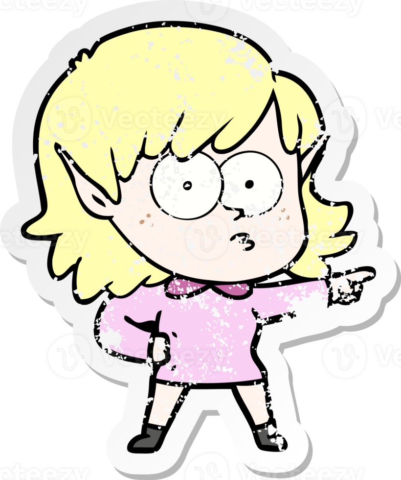 distressed sticker of a cartoon elf girl staring and pointing png