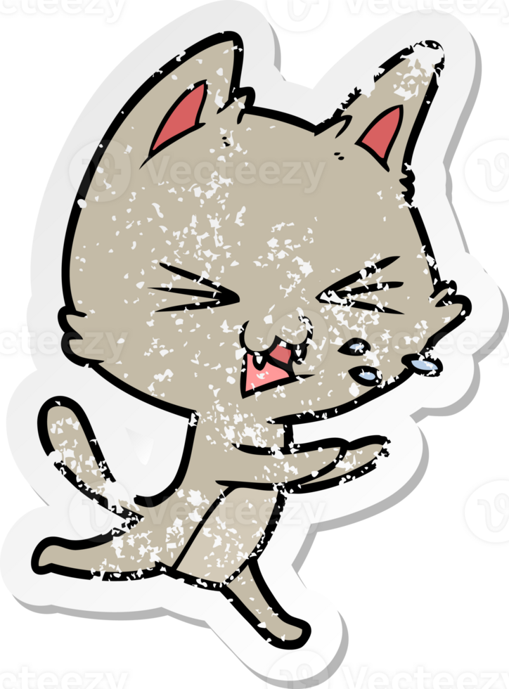 distressed sticker of a cartoon cat hissing png