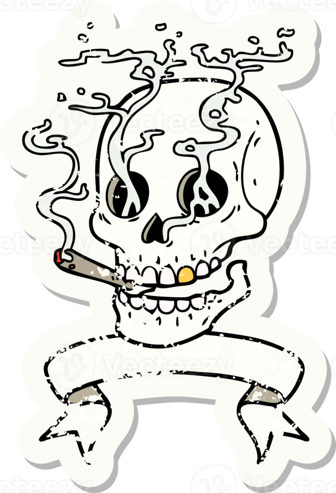 grunge sticker with banner of a skull smoking png