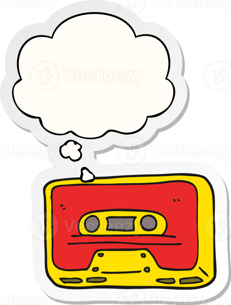 cartoon old tape cassette and thought bubble as a printed sticker png