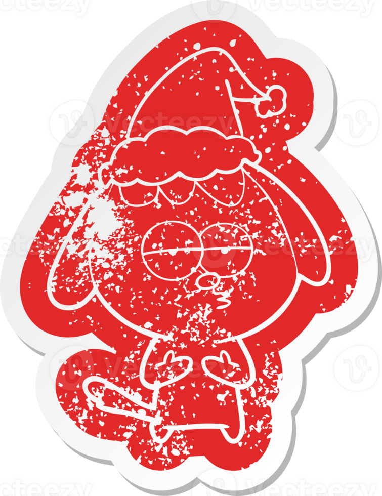 cartoon distressed sticker of a bored dog wearing santa hat png