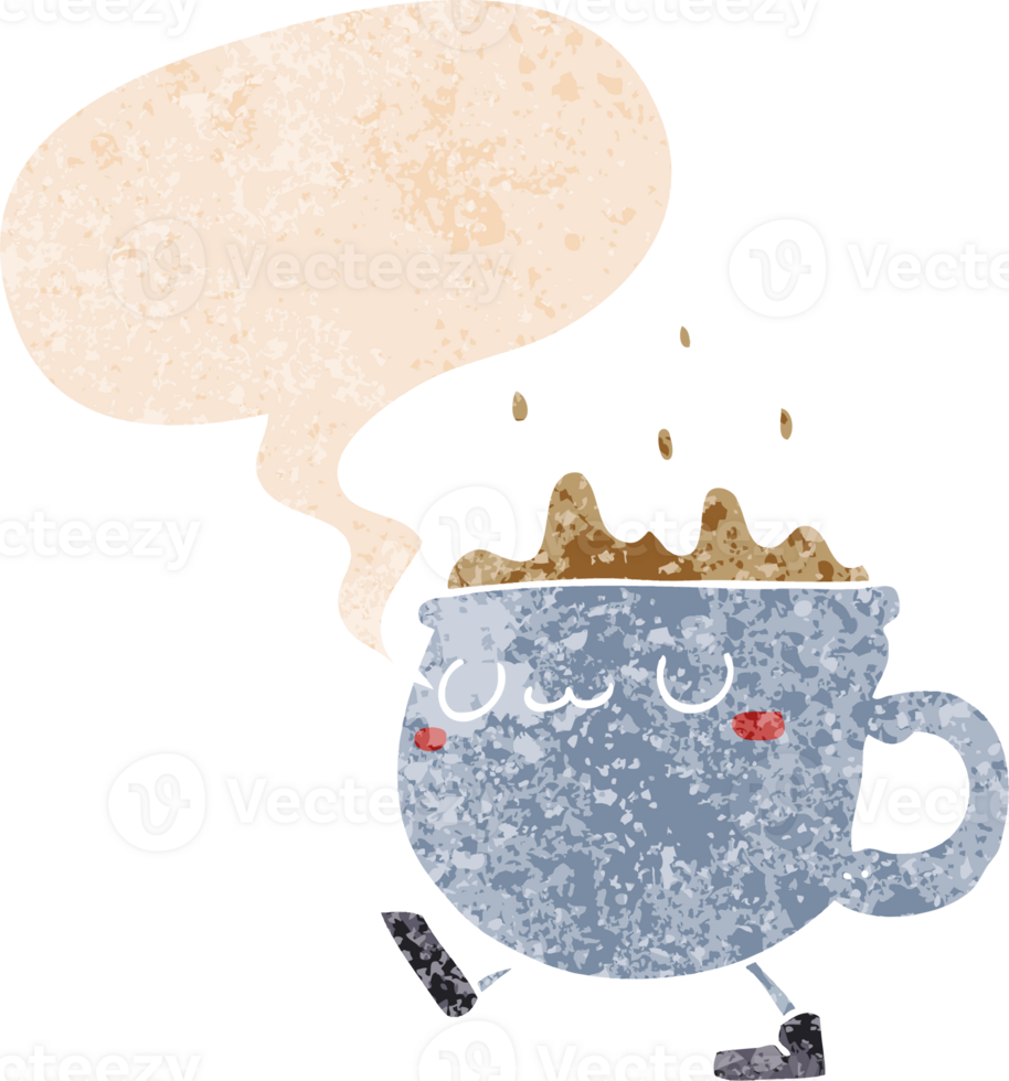 cartoon coffee cup walking and speech bubble in retro textured style png