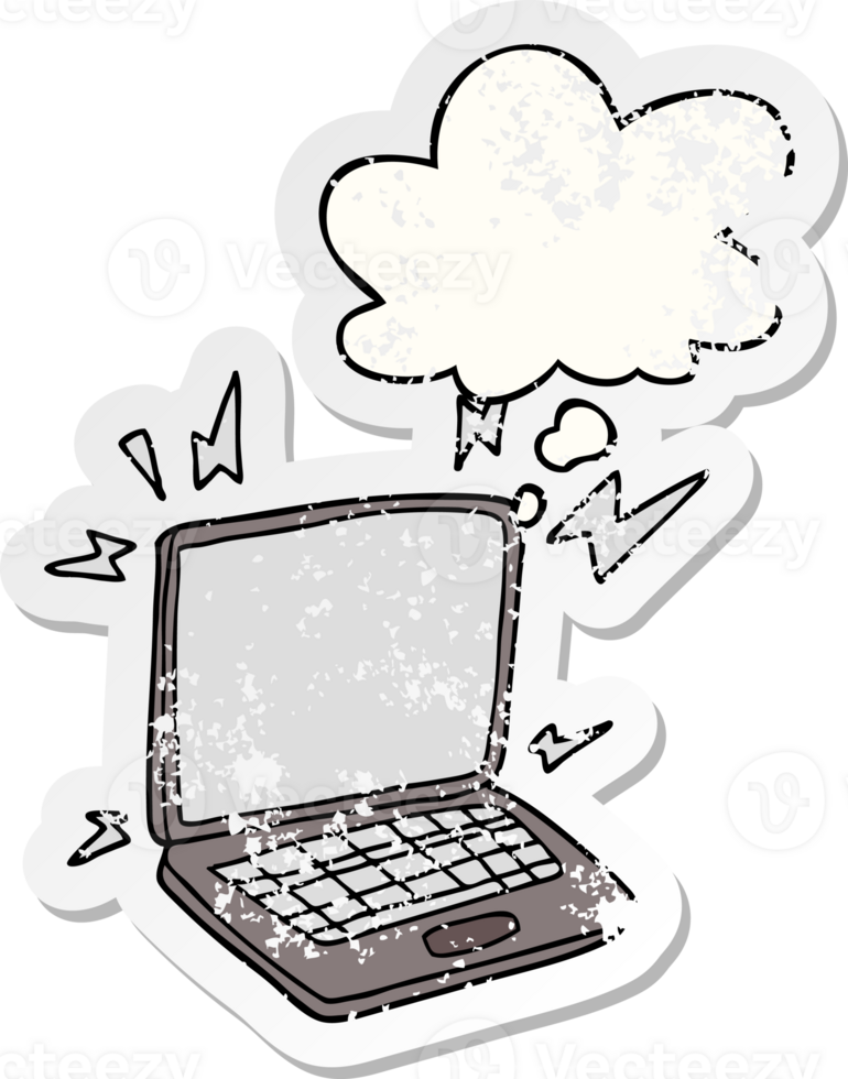 cartoon laptop computer and thought bubble as a distressed worn sticker png