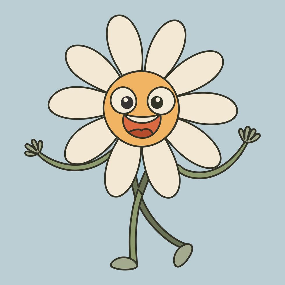 Happy daisy cartoon character in retro groovy style. Hand drawn vector flower in trendy 70s style