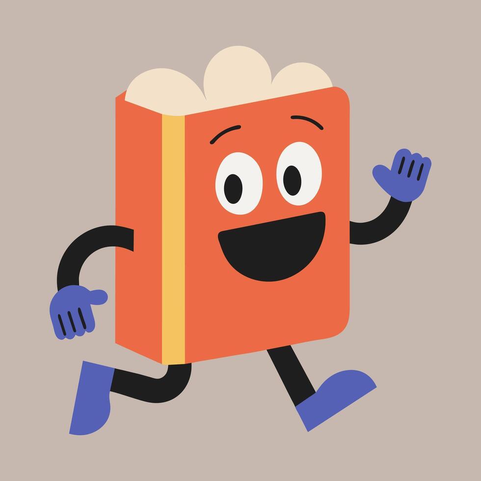 Groovy cartoon book character. Retro flat style illustration. Happy running book vector