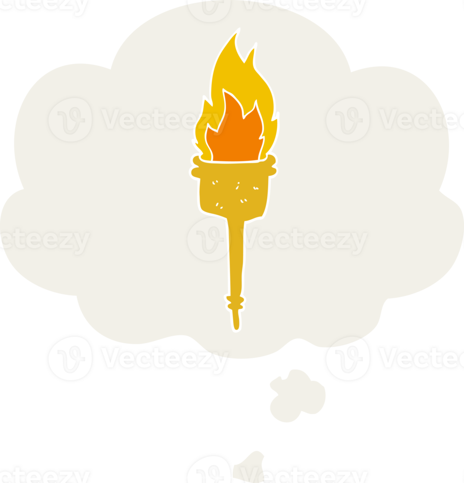 cartoon flaming torch and thought bubble in retro style png