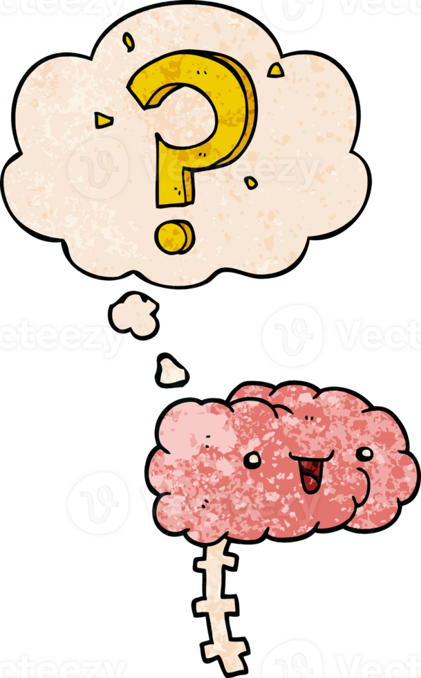 cartoon curious brain and thought bubble in grunge texture pattern style png