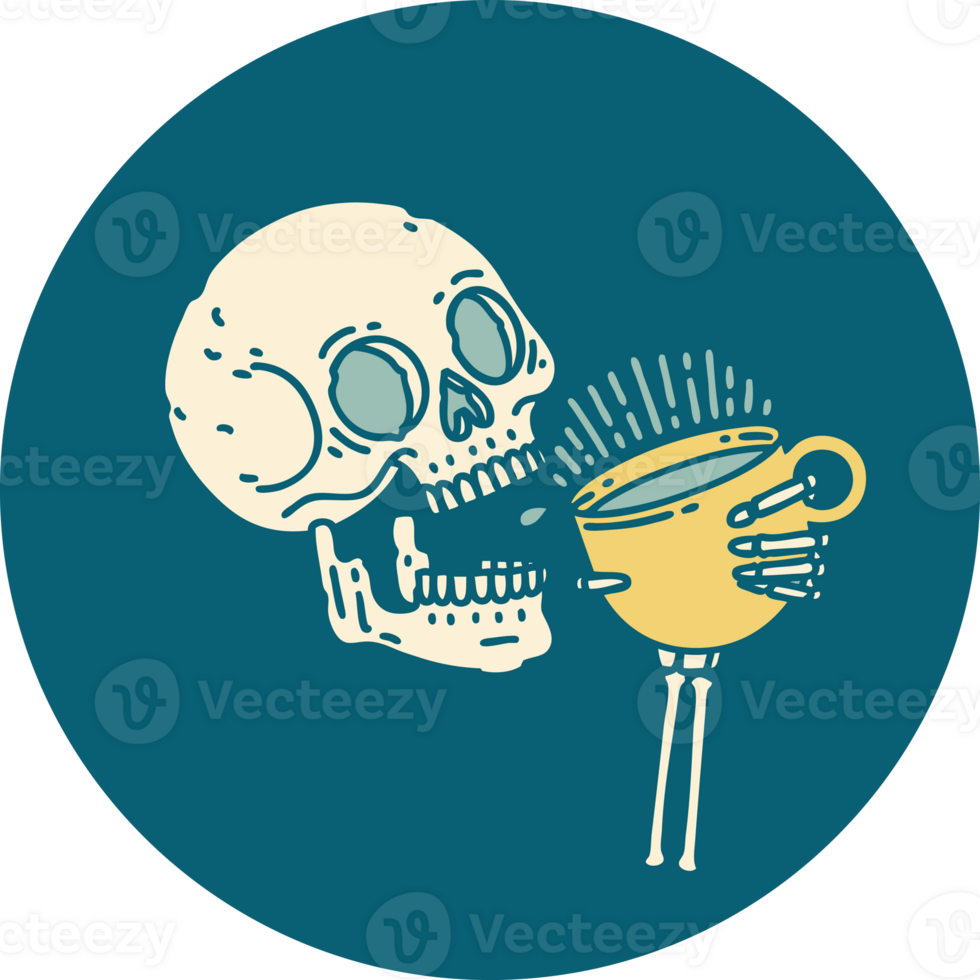 tattoo style icon of a skull drinking coffee png