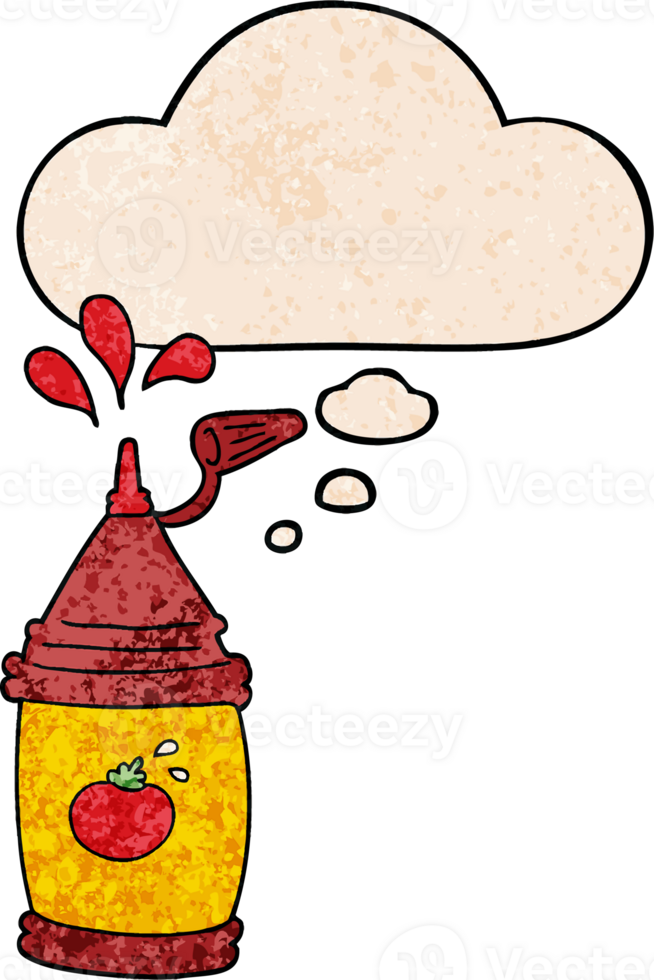 cartoon ketchup bottle and thought bubble in grunge texture pattern style png