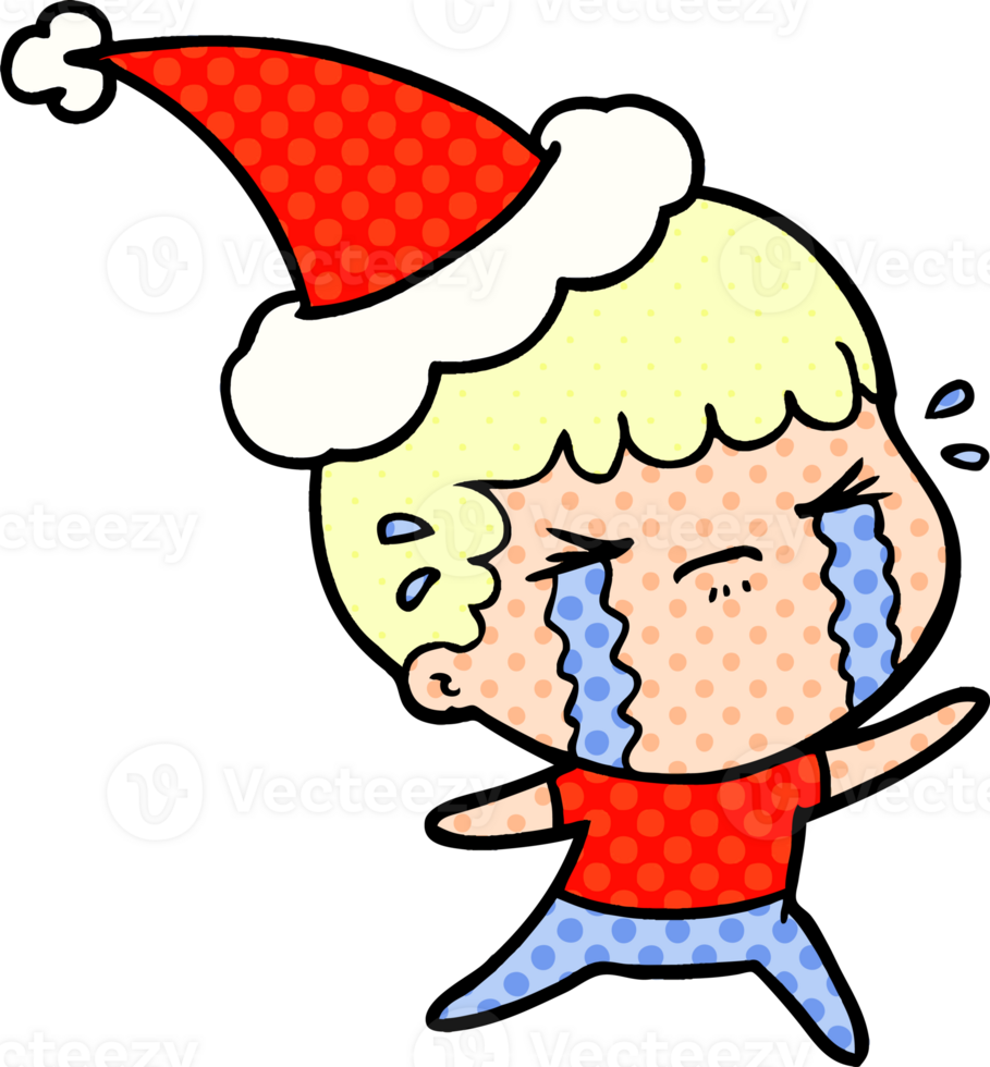 comic book style illustration of a man crying wearing santa hat png