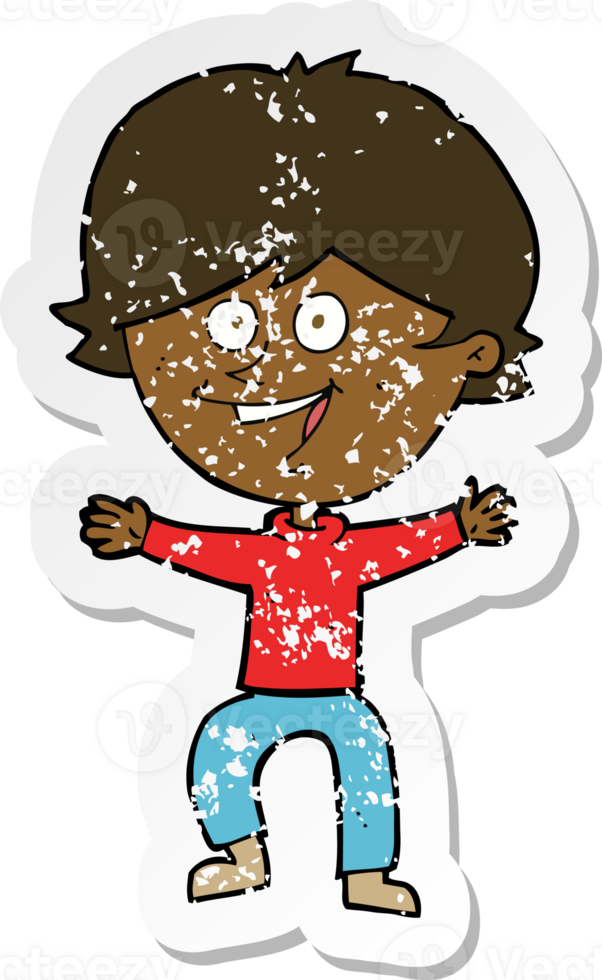 retro distressed sticker of a cartoon happy boy laughing png