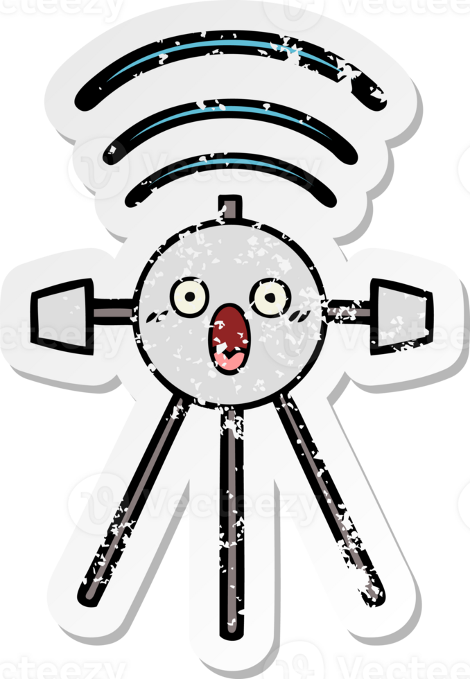 distressed sticker of a cute cartoon satellite png