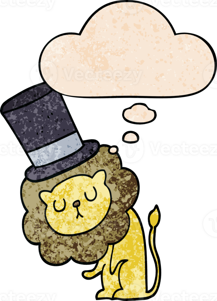cute cartoon lion wearing top hat and thought bubble in grunge texture pattern style png