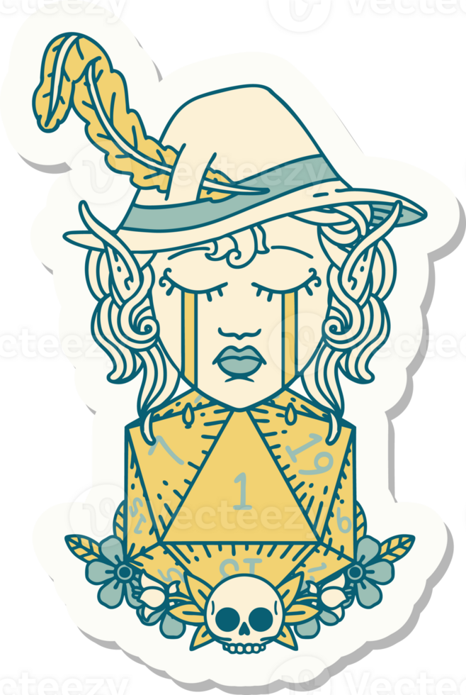 crying elf bard character with natural one D20 roll sticker png