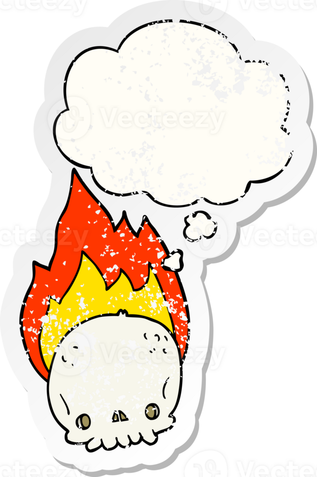 spooky cartoon flaming skull with thought bubble as a distressed worn sticker png