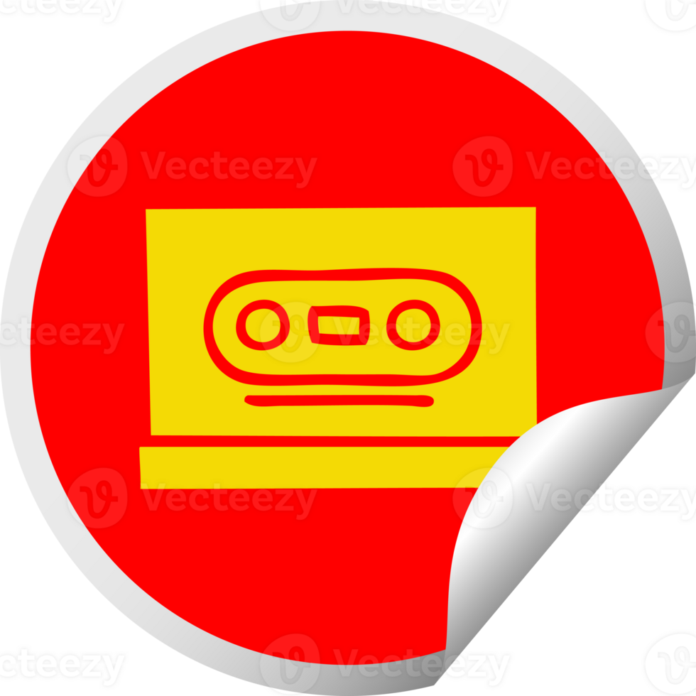 circular peeling sticker cartoon of a retro cassette png