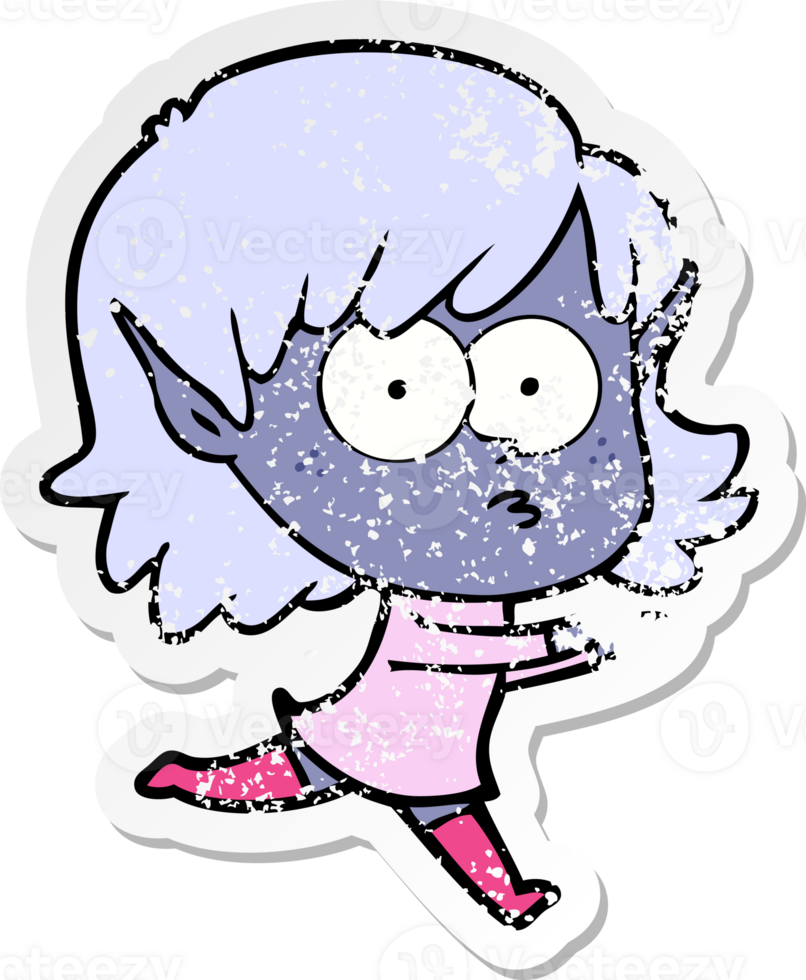 distressed sticker of a cartoon elf girl staring png