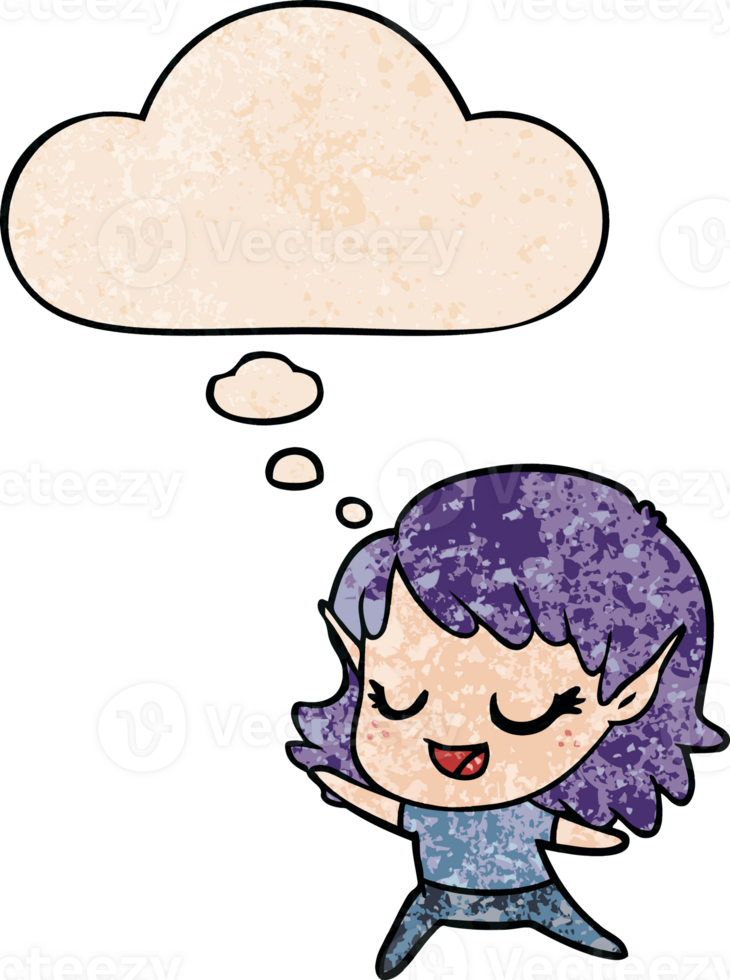 carton happy elf girl dancing with thought bubble in grunge texture style png