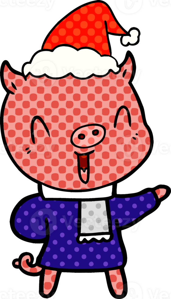 happy hand drawn comic book style illustration of a pig in winter clothes wearing santa hat png