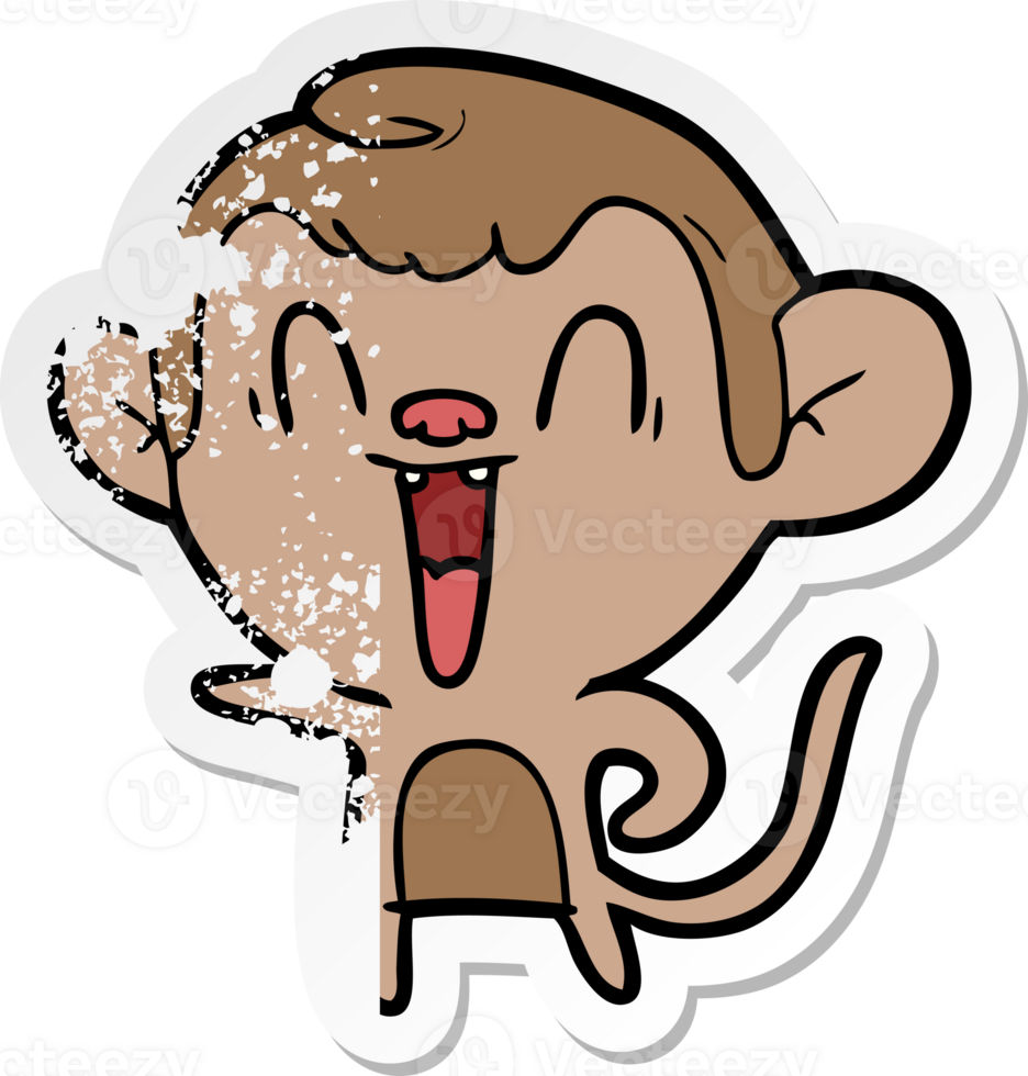 distressed sticker of a cartoon laughing monkey png
