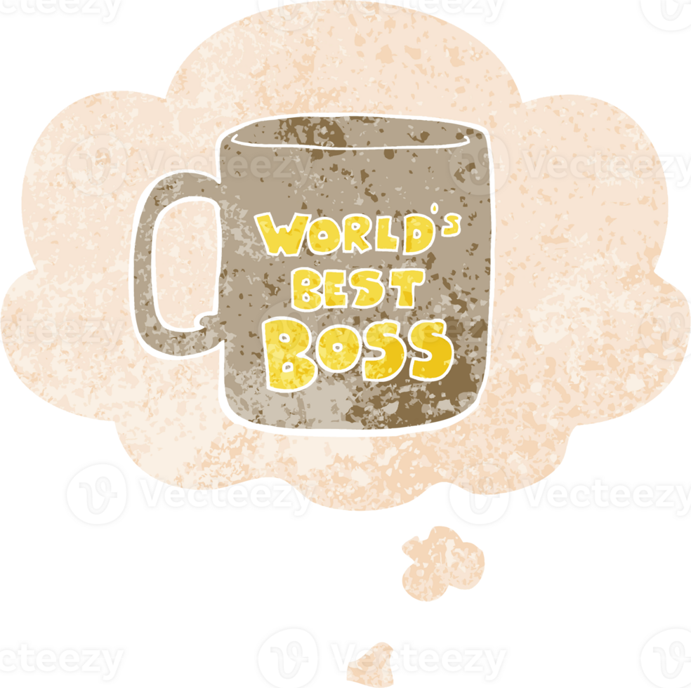 worlds best boss mug with thought bubble in grunge distressed retro textured style png