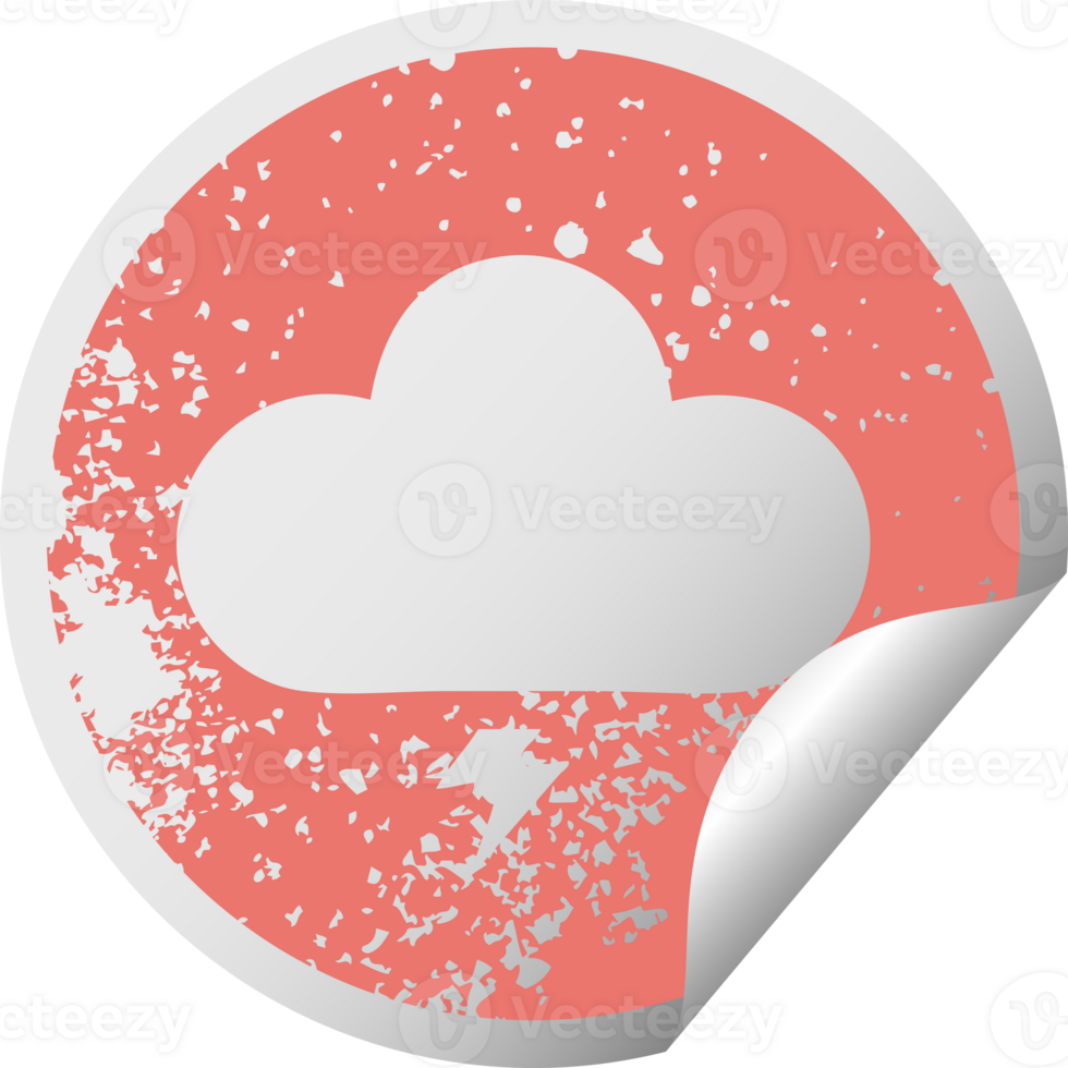 distressed circular peeling sticker symbol of a thunder cloud png