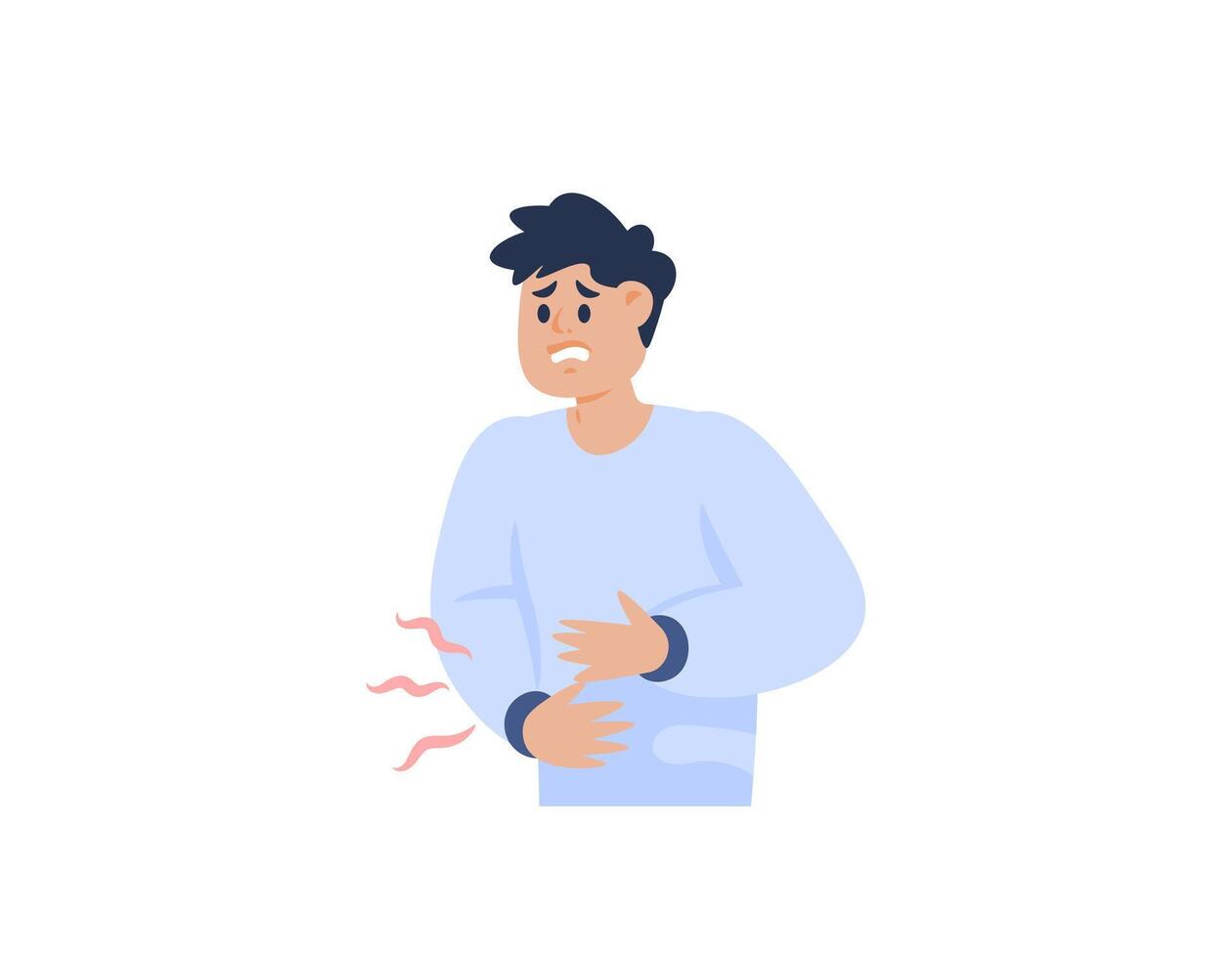 ilustración de un hombre con un estómago dolor porque de hambre. soportar hambre. estómago dolor. síntomas de úlceras o gerd estómago duele desde comiendo tarde. dibujos animados o plano personaje ilustración diseño vector