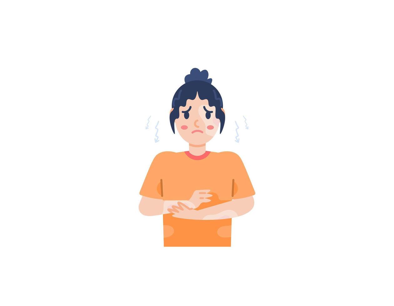 un mujer siente inseguro porque su piel tiene quemar marcas. carencia de confianza y timidez. sensación difícil y ansioso. problemas en el piel. personaje ilustración diseño. gráfico elementos. vector