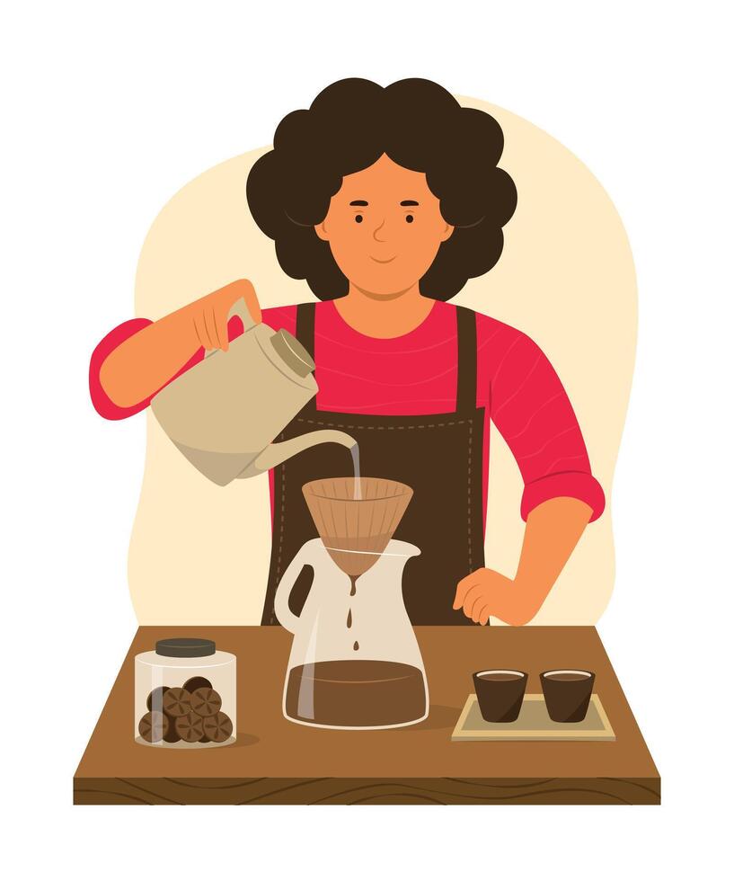 Barista Man Making Coffee with Brew Tools vector