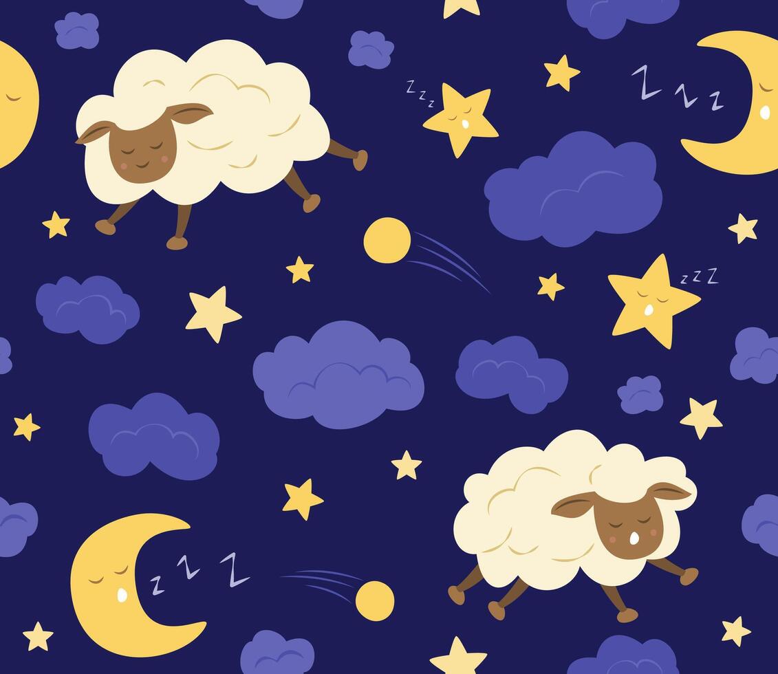 Seamless Pattern with Cute Cartoon Sheep Characters Sleeping at Night Concept Background vector