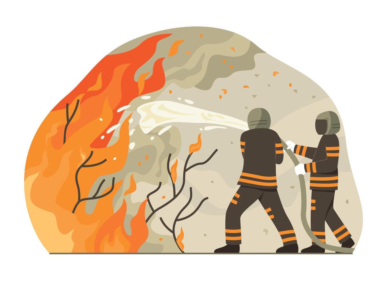 Firefighter Men Extinguish Fire by Spraying Water vector