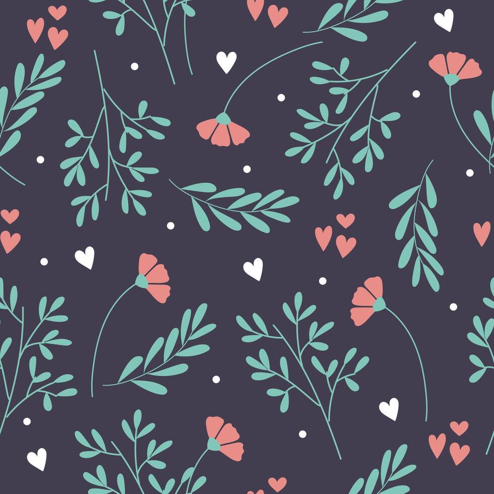 Cute seamless pattern with handdrawn flowers and hearts. vector