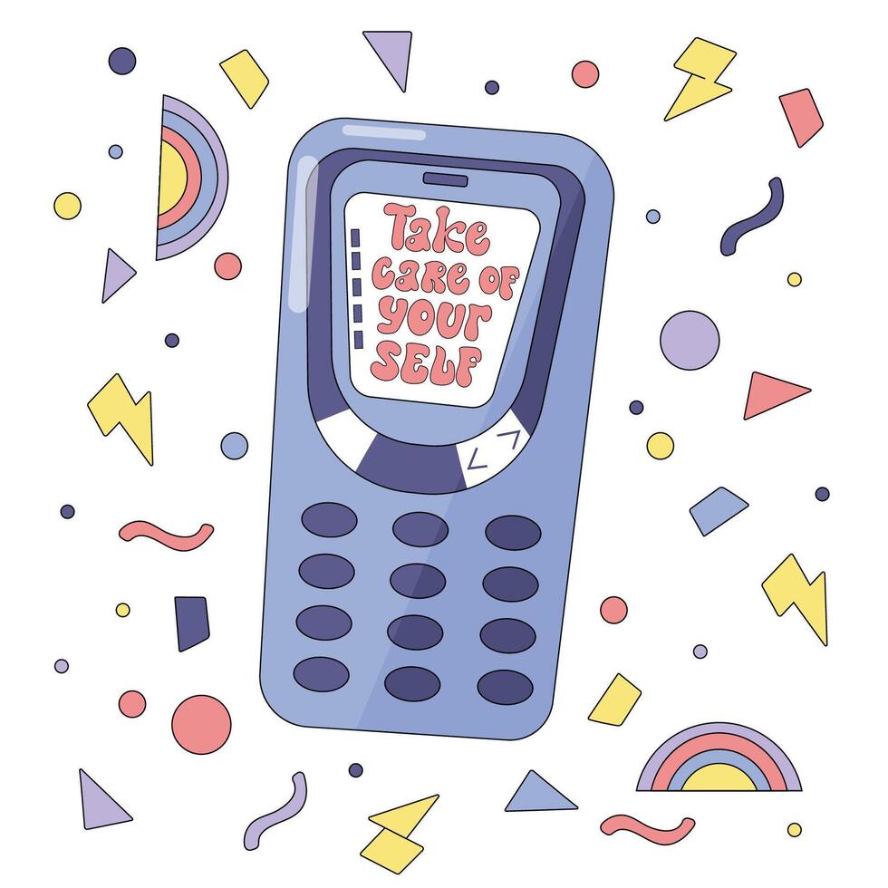 Hand drawn poster with retro cell phone and motivational message. Take care of yourself. Vector design with abstract elements.