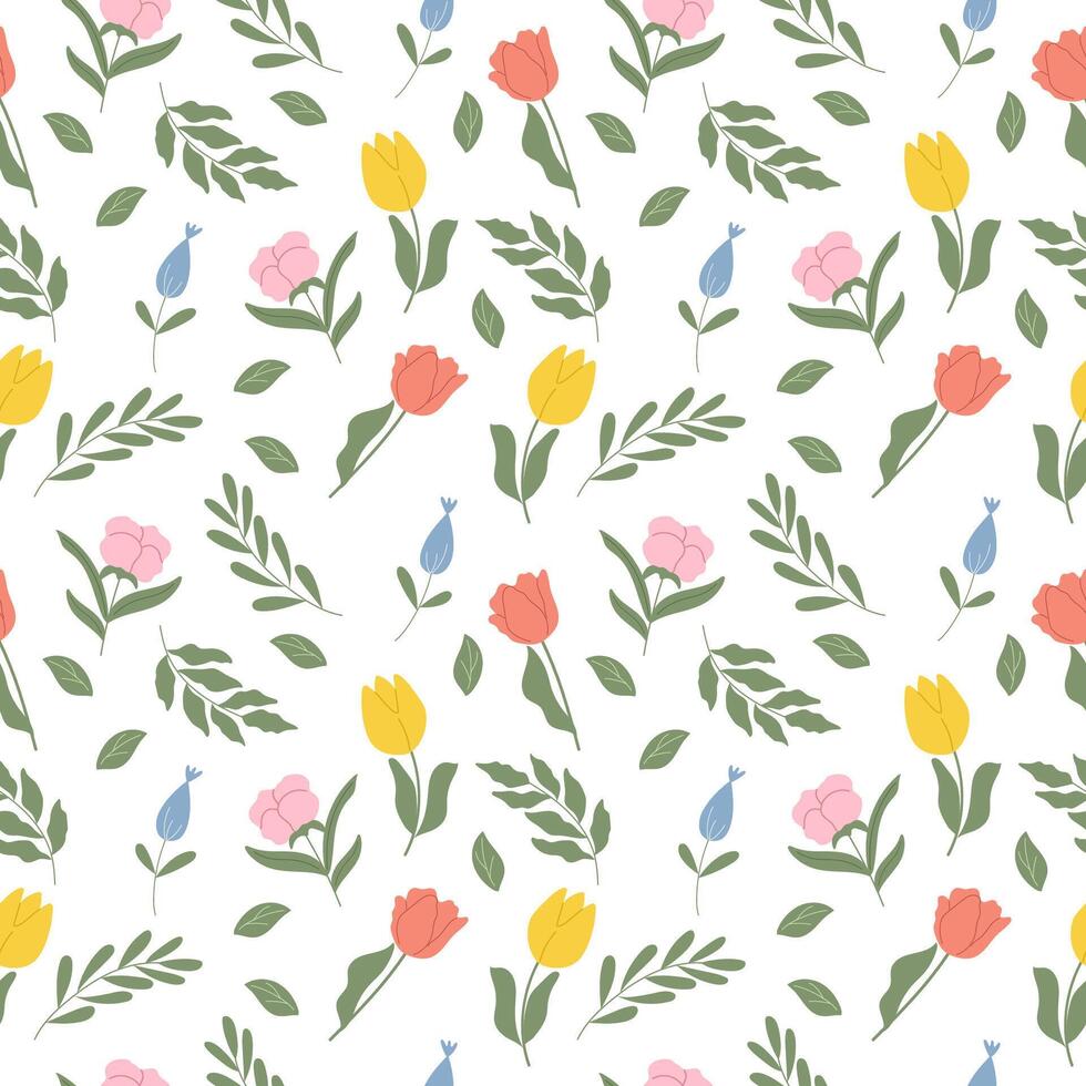 Seamless pattern with handdrawn spring flowers. Vector design on white background.