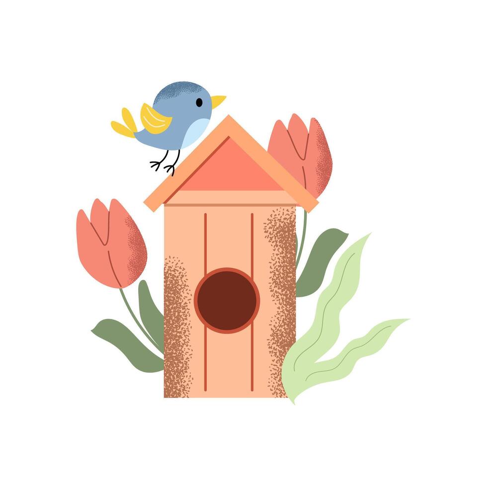 Handdrawn birdhouse with cute bird and tulips. Vector Easter design with texture.