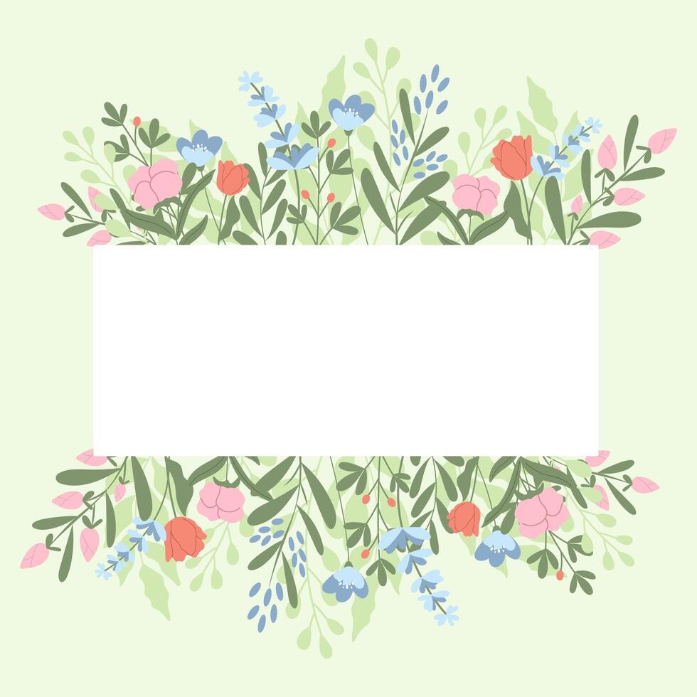 Floral rectangular template with white background. Vector handdrawn spring flowers.