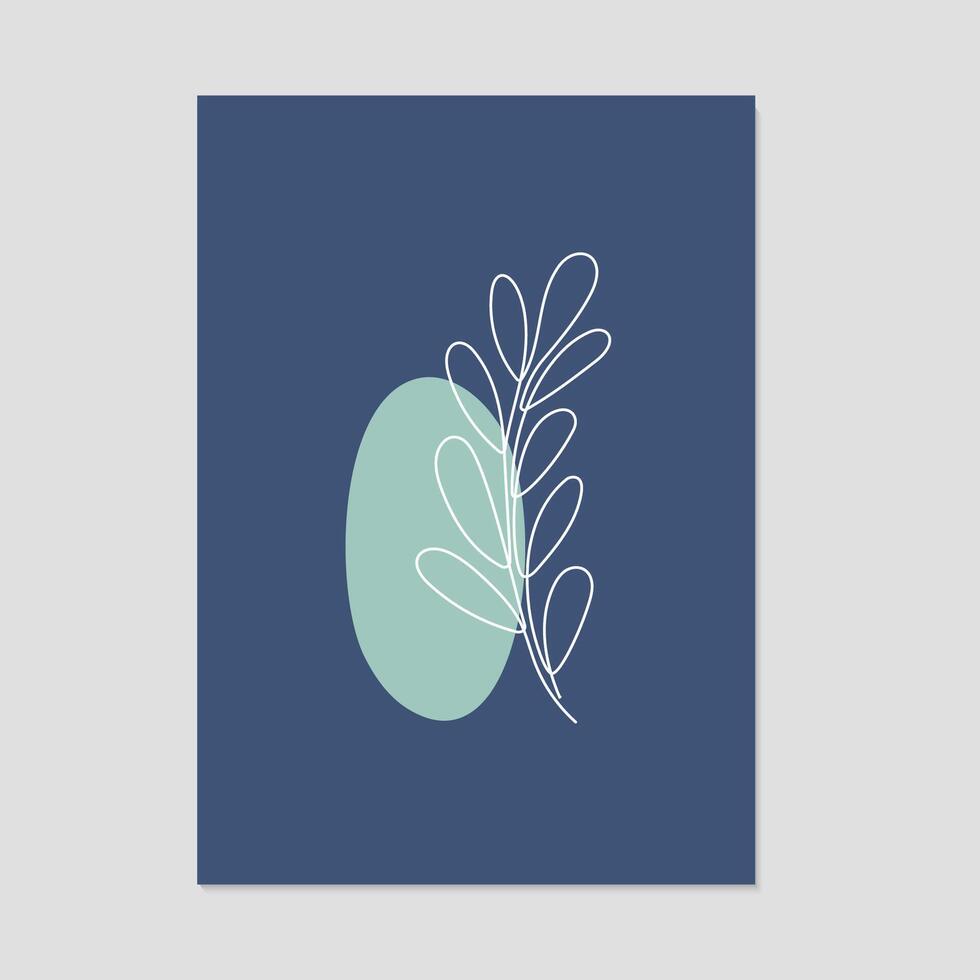 línea Arte póster con mano dibujado hojas. vector minimalista ilustración en oscuro azul antecedentes.