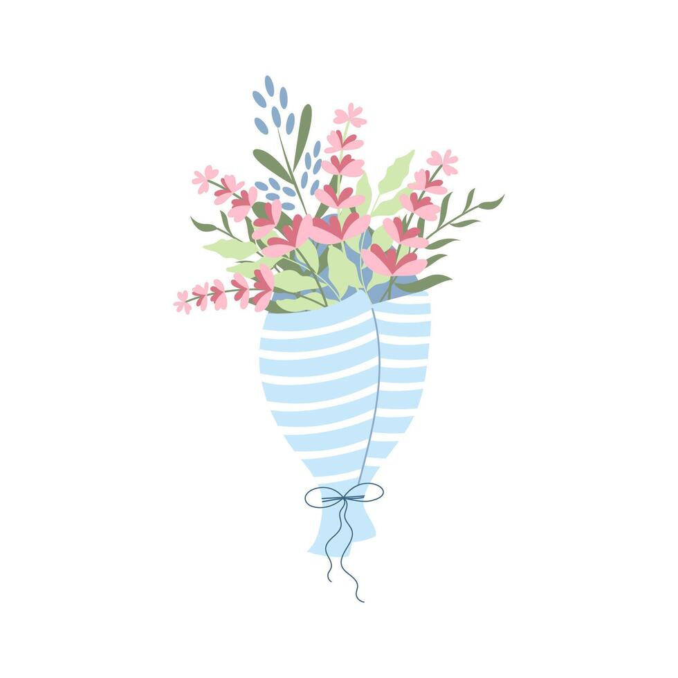 Handdrawn elegant bouquet in striped tissue with lavender and green leaves. vector