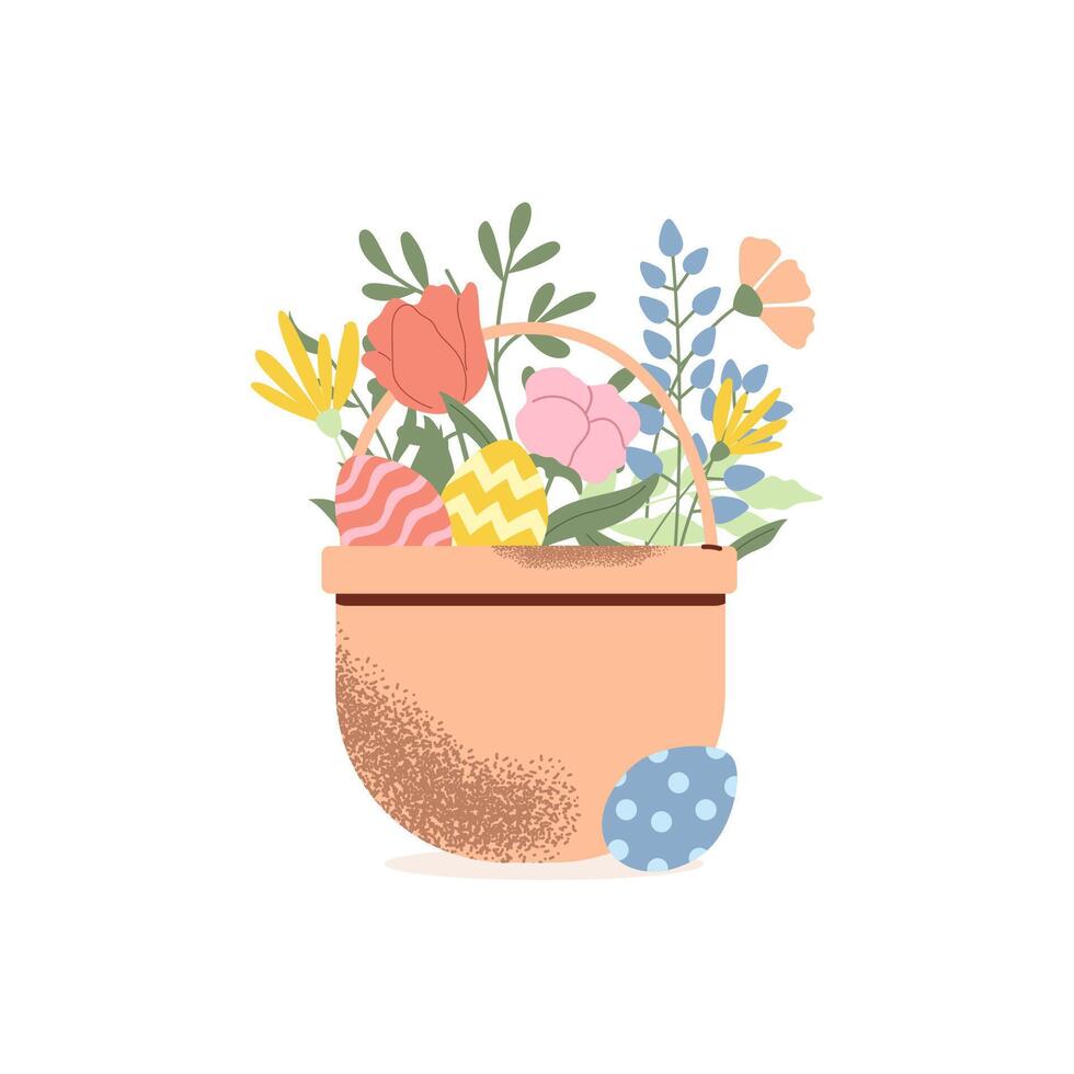 Handdrawn Easter basket with flowers and colourful eggs. Vector design with texture.