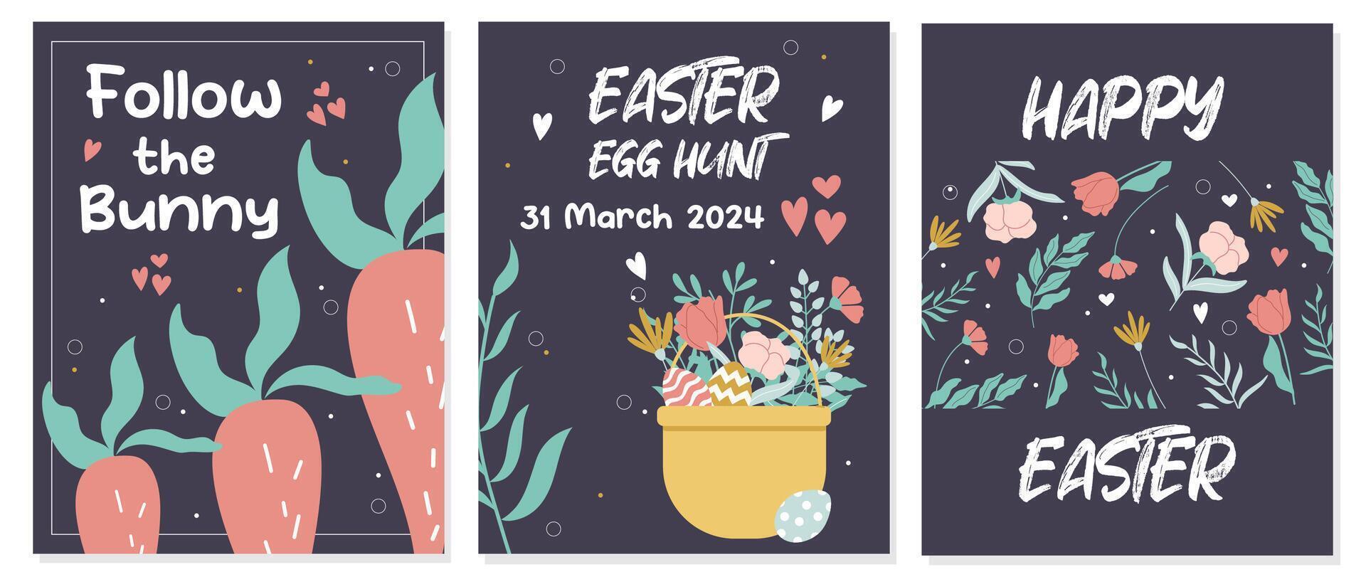 Posters or templates for Easter egg hunt. Colourful handdrawn vector design on dark background.