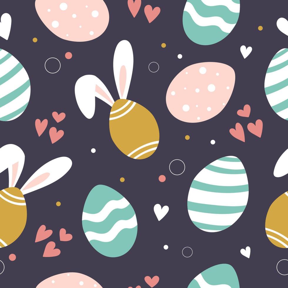 Cute handdrawn Easter pattern with eggs and bunny ears. Seamless vector design.