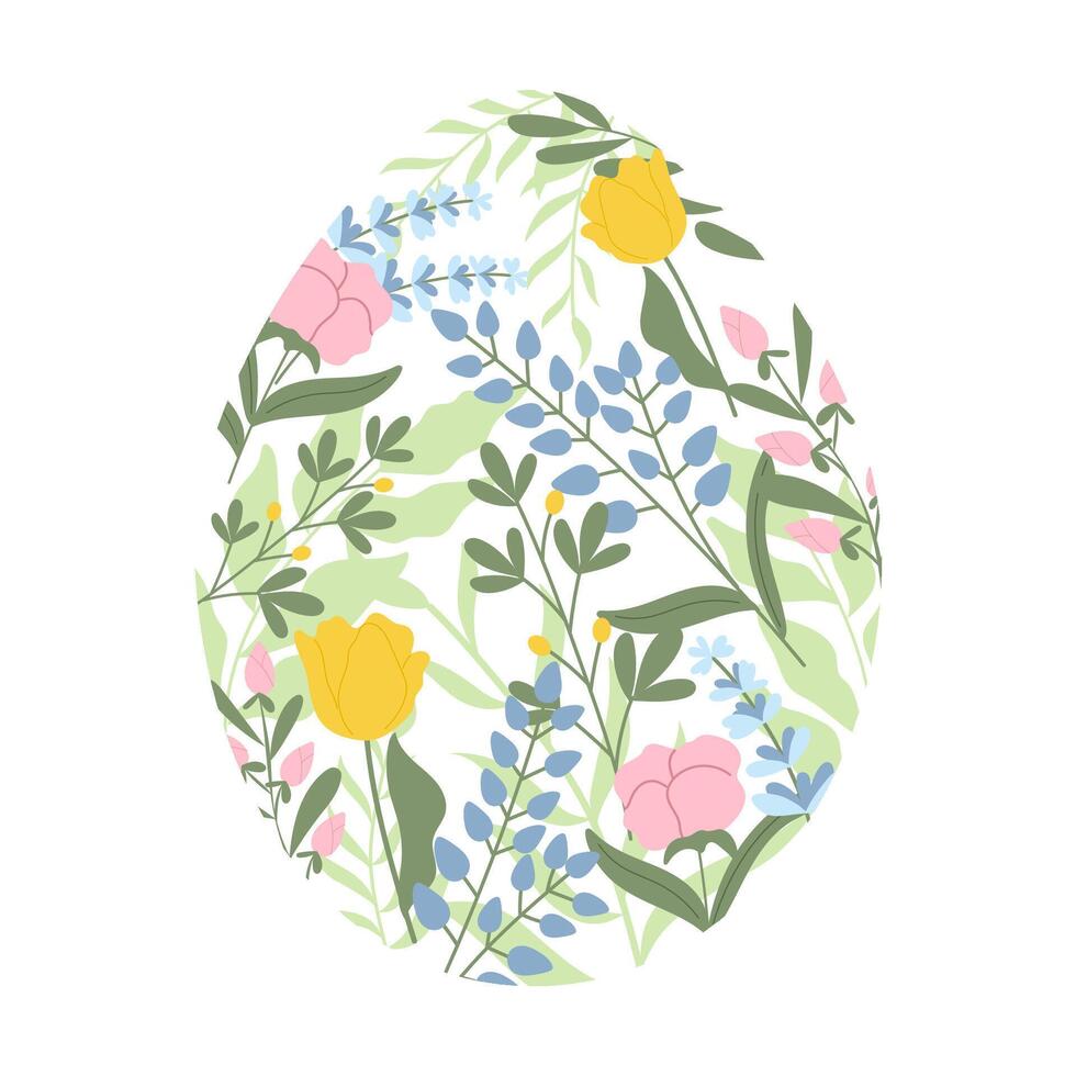 Pascua de Resurrección huevo silueta con primavera flores mano dibujado vector diseño en pastel colores.