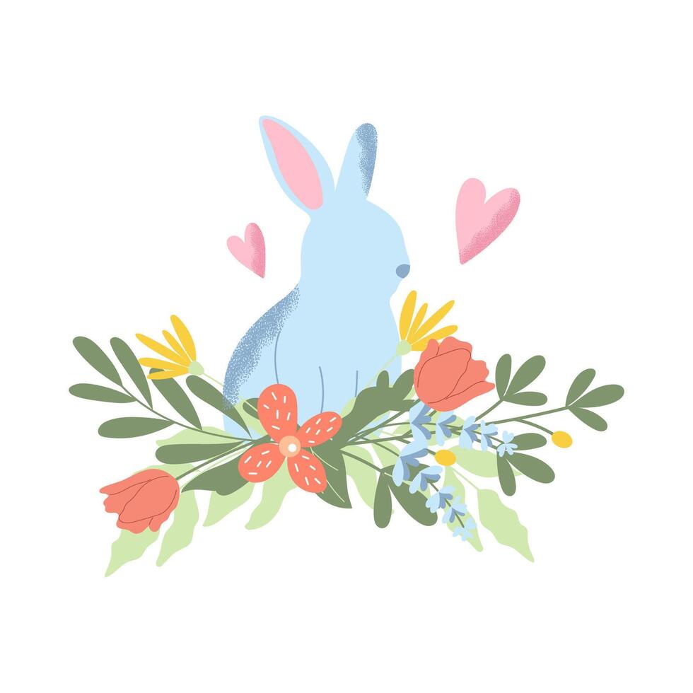 Conejo silueta con dibujado a mano flores y corazones. linda vector Pascua de Resurrección diseño con textura.