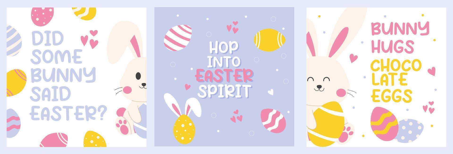 Cute handdrawn Easter cards with bunny, eggs and short funny phrases. vector