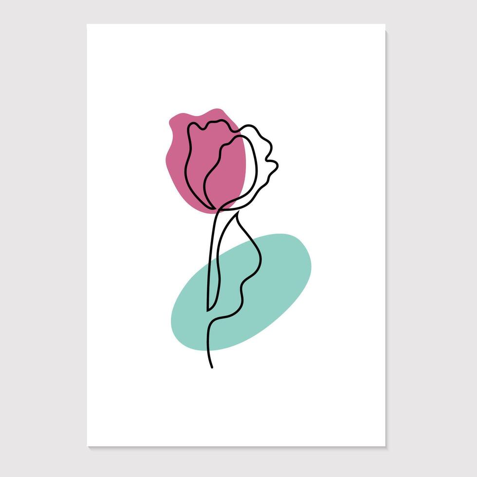 Line art floral poster with colourful spots. Minimalistic illustration with tulip. vector