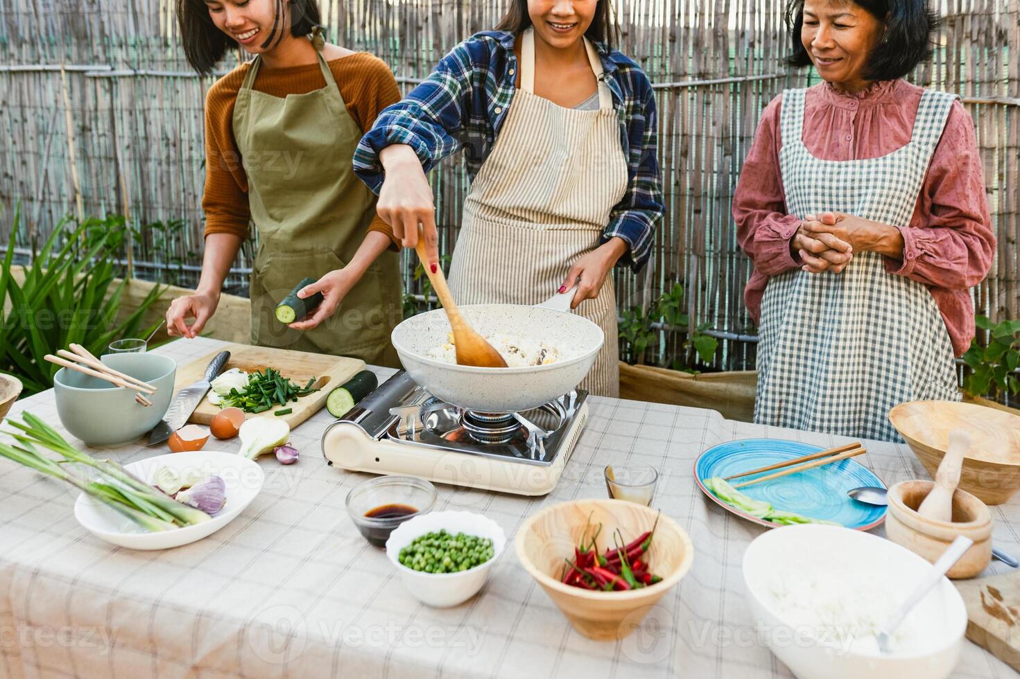 Southeast asian mother with her daughters having fun cooking Thai food recipe together at house patio photo