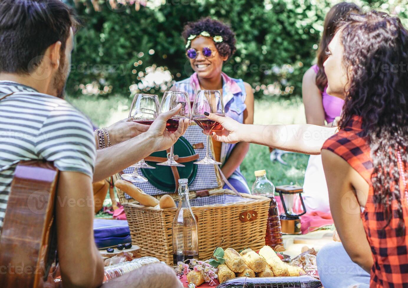 Group of happy friends cheering glasses of red wine at pic nic barbecue in garden - Young people having fun during a weekend day - Youth lifestyle concept photo