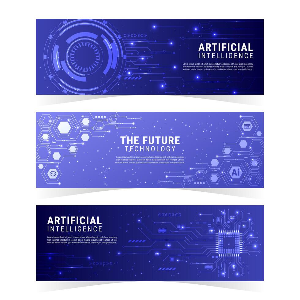 AI Technology Horizontal Banner Set. Artificial Intelligence in Science and Business, Smart Machine Concept vector