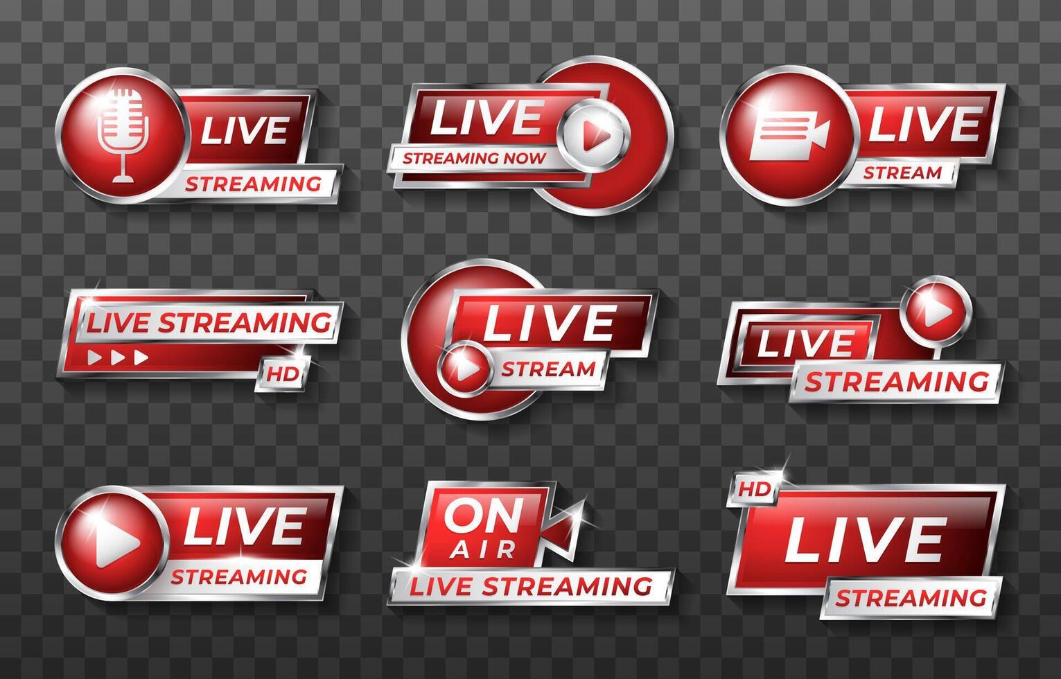 Unique Realistic Set Red Social Media Live Streaming Full HD 3d Badge Isolated on Background vector